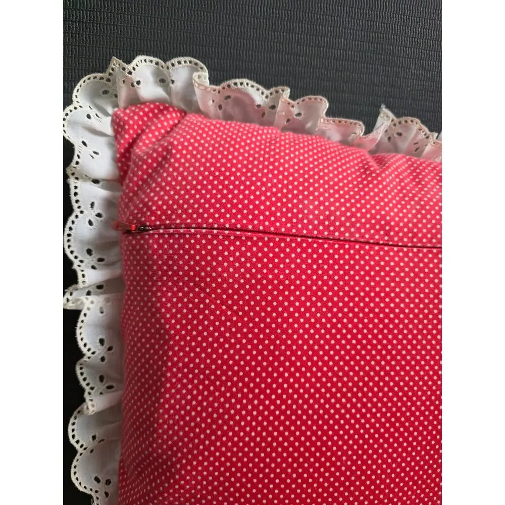 Vintage Homemade Sewn Embroidered Puppy Pillow Red Eyelet Lace Nursery Polka Dot